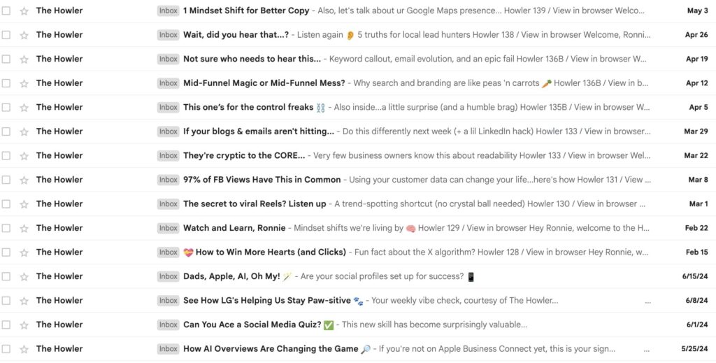 Inbox screenshot showing a series of email subject lines from "The Howler," each using creative hooks, emojis, and curiosity-driven language.